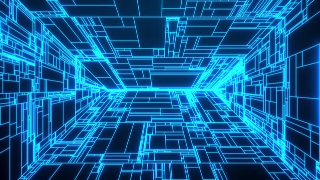 Abstract glowing blue circuit lines on a dark background. Futuristic digital pattern representing technology, connectivity, and modern electronics design. Seamless loop animation