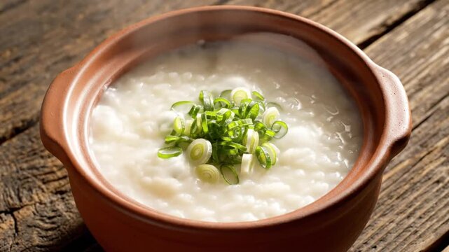 Savory bowl of hot white rice porridge, steaming with chopped scallions on wooden surface, delicious and comforting
