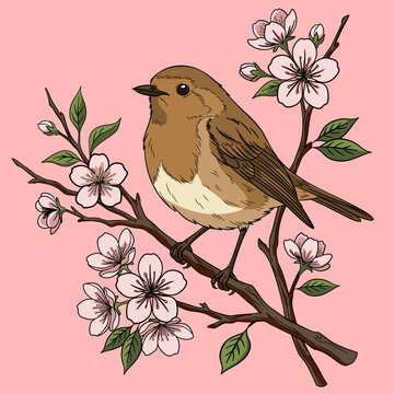 Cute robin bird perched on cherry blossom branch, spring floral and wildlife nature concept, flat vector illustration.