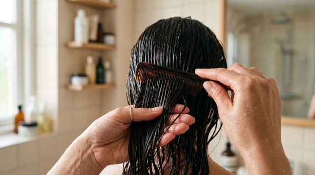 Woman combing wet hair in bathroom. Person detangling damp hair with a wide tooth comb.