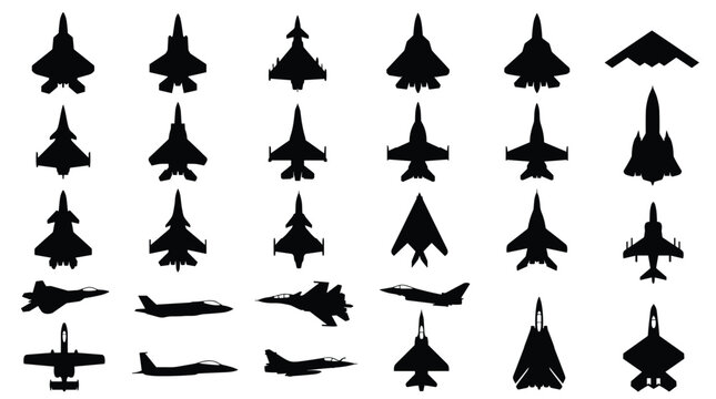 Black silhouette military aircraft vector icon isolated on white background for design