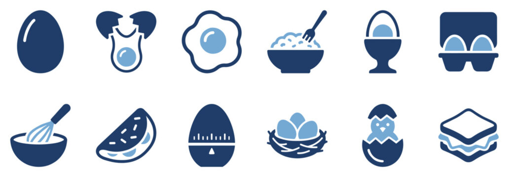 Egg icons set. Cooking and breakfast food concept. Includes whole egg, cracked egg, fried egg, scrambled egg, boiled egg, egg carton, whisk, omelet, egg timer, nest, chick, sandwich. Solid