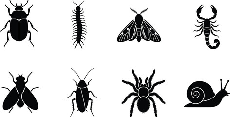 Collection of insect and creature silhouette icons including beetle, centipede, moth, scorpion, fly, cockroach, spider, and snail © Milon