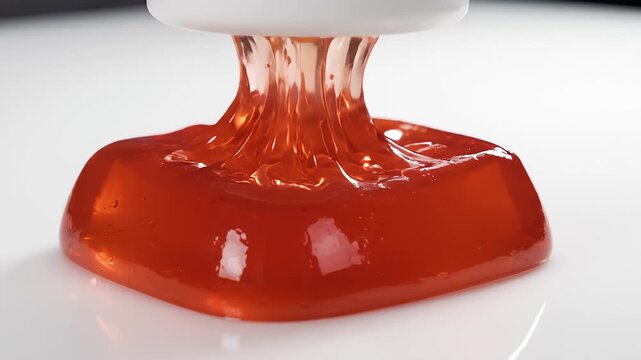 Red gelatin being compressed by a white piston tool, macro studio shot of viscous elastic texture and physical deformation.