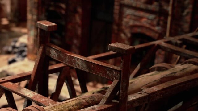 A worn railing made of wood shows its age in an abandoned building. The walls are covered in red bricks and debris is scattered on the floor. Light filters through the broken structure.
