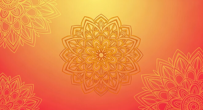 Golden mandala pattern on a warm gradient background, symbolizing spiritual design, wellness, and traditional art, suitable for decorative or cultural themes