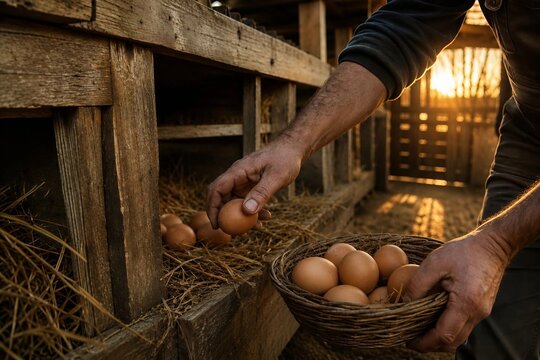 A hard-working farmer collects fresh brown chicken eggs inside a rustic wooden coop during a golden sunset.