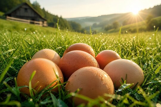 Freshly gathered brown eggs covered in fine morning dew drops rest directly on a lush green grass field, with a rustic wooden farmhouse visible in the background against a bright sunrise.