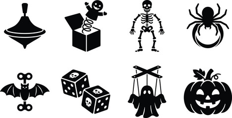 Naklejka premium Halloween toy silhouette icons featuring spinning top, jack-in-the-box, skeleton, spider, wind-up bat, dice, ghost puppet, and pumpkin