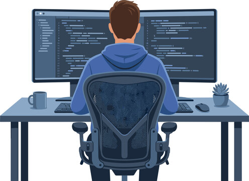 Rear view vector illustration of programmer coder software engineer writing code on dual monitors screen sitting at office desk workspace setup