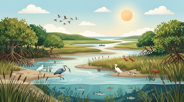 Beautiful Illustration of a Mangrove Ecosystem with Herons Egrets and Fish in a Sunny Coastal Wetland Landscape