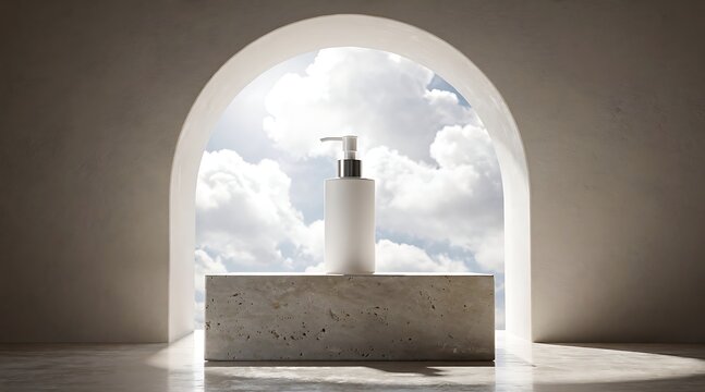Minimalist white bottle with dispenser on marble shelf against a cloudy sky backdrop framed by an archway.