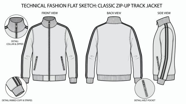 Comprehensive technical fashion flat sketch of a classic zip-up track jacket, shown in front, back and side views, illustrating fashion design templates and technical specification sheets