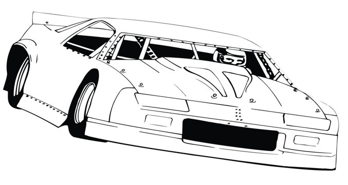 Detailed vector line art illustration of a specialized asymmetrical late model stock car designed for competitive oval dirt track racing.