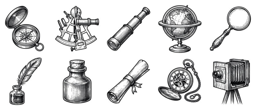 Vintage exploration icons set. Old-fashioned discovery and adventure concept. Includes compass, sextant, spyglass, globe, magnifying glass, quill, inkwell, scroll, pocket watch, camera