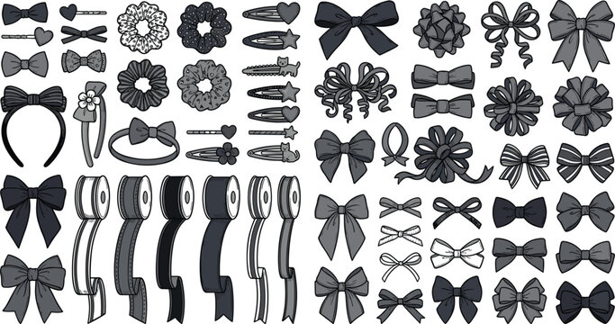 Hair accessories elements collection with black bows ribbons scrunchies headbands and hairpins for girls style isolated on white background vector illustration