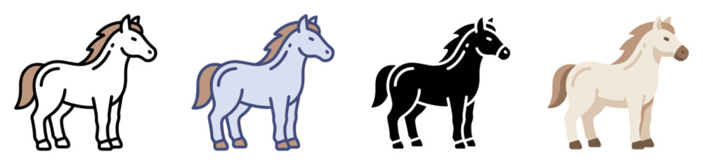 Fototapeta premium Horse icons set. Domestic animal and farm life concept. Includes horse, pony, stallion, mare, foal, equine, hoof. Flat, line, and solid styles