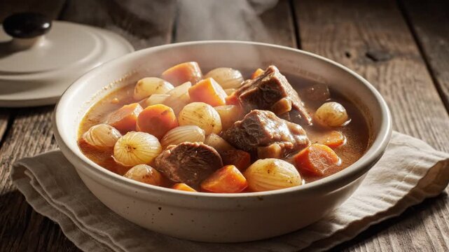 Savory beef stew served in a white bowl with fresh vegetables, ready to eat and enjoy