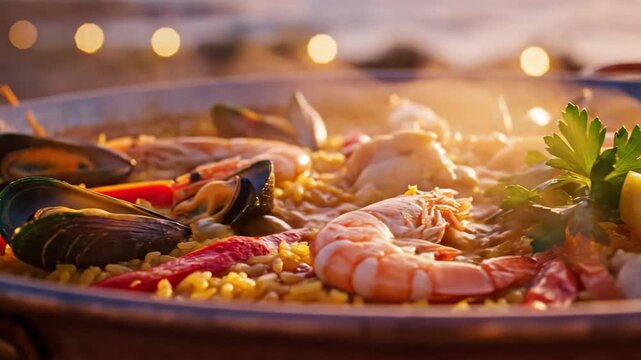 Spanish Seafood Paella Cooking in Pan on the Beach at Sunset 4K Video