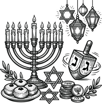 Hand drawn Hanukkah elements collection with lit menorah spinning dreidel star of David gelt coins and sufganiyot donuts vintage style vector illustration