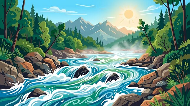 Vibrant vector illustration of a wild mountain river flowing through a lush green forest under a bright summer sun