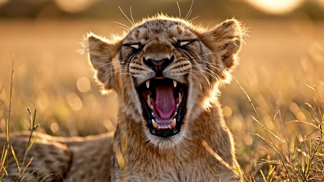 A young lion cub displays a wide yawn under the golden evening sun, revealing sharp teeth while resting within the tall savanna grasses during a peaceful moment of rest in the wild African