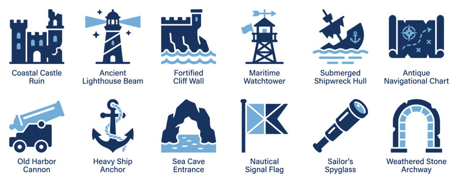 Nautical and marine icons set. Coastal exploration and adventure concept. Includes castle ruin, lighthouse, cliff wall, watchtower, shipwreck, chart, cannon, anchor, sea cave, signal flag,