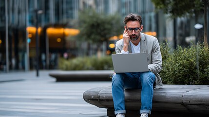 Obraz premium A stylish middle aged man working on a laptop while sitting on a stone bench in a modern city.