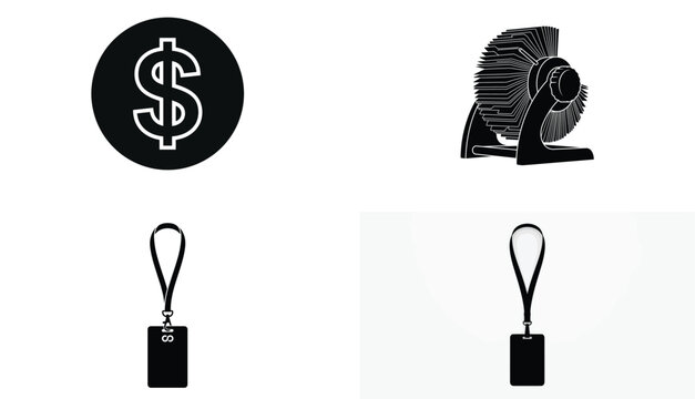Dollar sign rolodex and ID badge lanyard flat black vector icon set