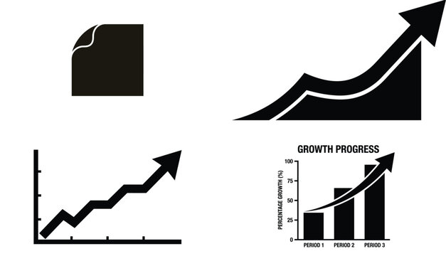 Paper curl and upward growth progress charts flat black vector icons