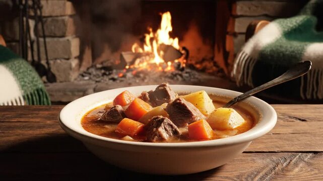 Cozy bowl of hearty beef stew with carrots and potatoes, sitting in front of a warm fireplace