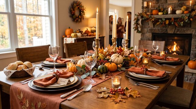 Thanksgiving table setting with pumpkins and candles for festive autumn holiday dinner celebration