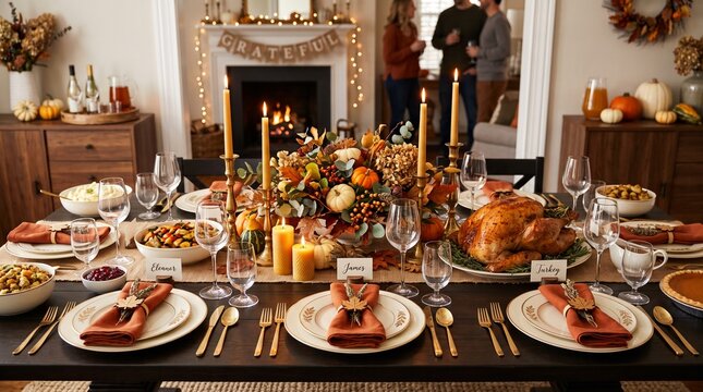 Festive Thanksgiving table setting with roasted turkey and autumn centerpiece for holiday family dinner