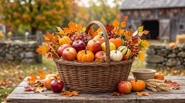 Harvest basket with pumpkins and apples on rustic wooden table for autumn seasonal marketing and Thanksgiving decoration