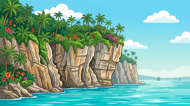 Tropical paradise scene with tall cliffs palm trees and vibrant flowers under a blue sky with ocean view
