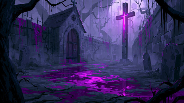 Scary polished cartoon game art with bold outlines and dark cel shaded 3d foreground