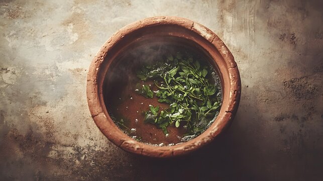 Traditional Herbal Medicine Preparation in a Rustic Clay Pot with Steaming Green Leaves Top View