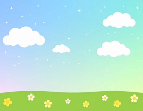 a green field with flowers and clouds