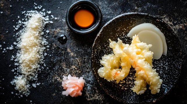 Delicious Crispy Shrimp Tempura Served on Dark Ceramic Plate with Soy Sauce, Ginger, and Sea Salt