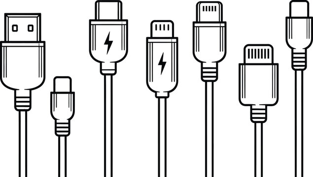 Set, of, linear, icons, representing, various, usb, cables, connectors, type, c, micro, lightning, chargers, isolated
