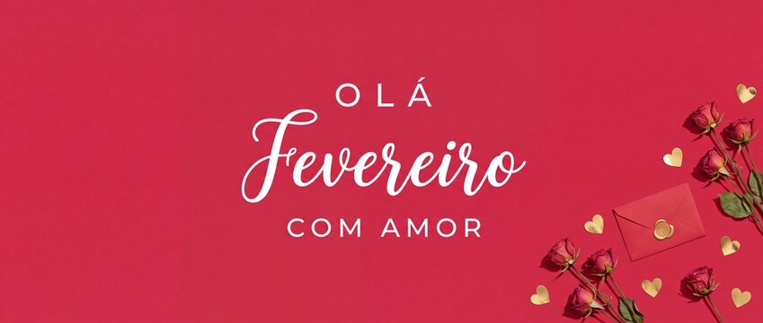 Ola Fevereiro com amor Portuguese greeting card with red roses, gold hearts and envelope flat lay on red background for Valentine's Day romantic seasonal concept, February holiday design banner art.