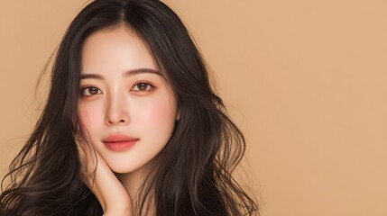 Fototapeta premium Beautiful Young Asian Woman With Long Wavy Hair Touching Her Face.