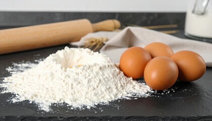 Fototapeta premium Baking Ingredients with Flour Eggs and Rolling Pin Still Life