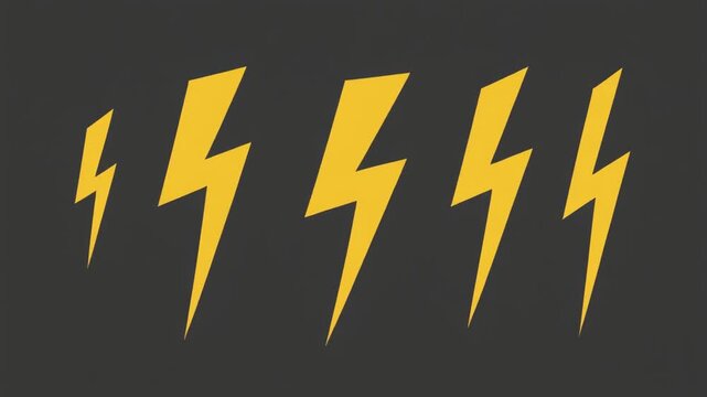 Five identical yellow lightning bolt symbols arranged horizontally on a dark gray background, sharp angular zigzag design representing electricity and power, creating bold contrast and energetic visua