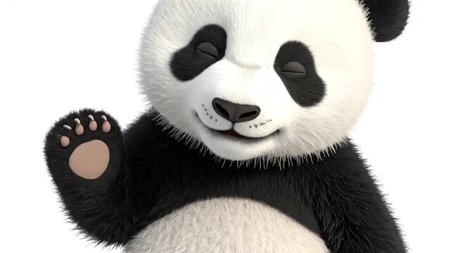 A cute fluffy panda stands against a clean white background