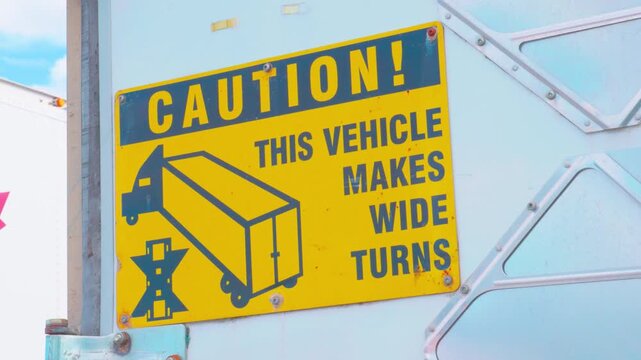 Wide turn caution safety sign on commercial semi truck trailer