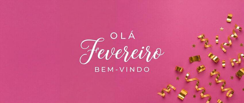 Ola Fevereiro Bem Vindo background with gold confetti and stars celebrating February in Portuguese language, vibrant festive party mood for social media banner layout, header card template design.