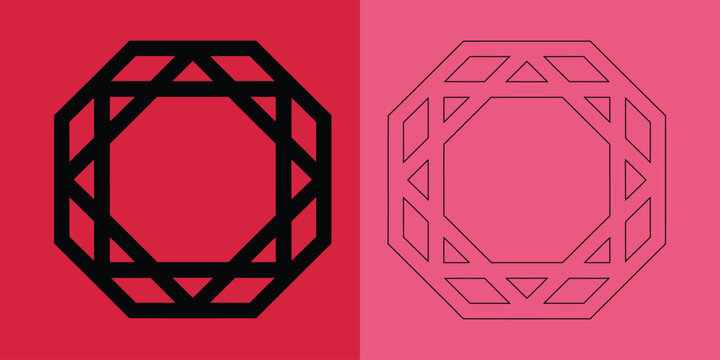 Geometric octagonal star shape in solid black and outline style on red and pink backgrounds for projects