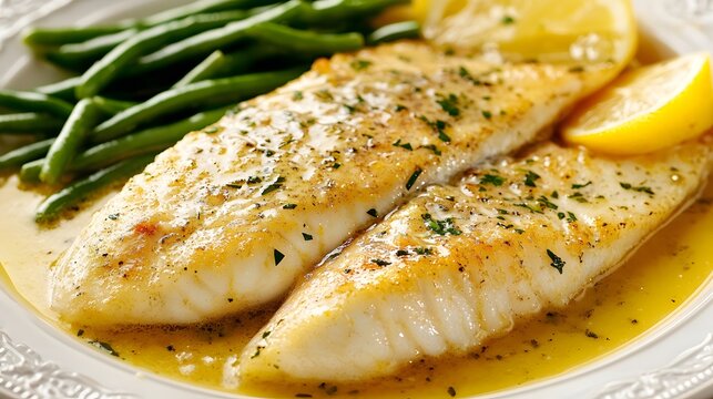 Gourmet Pan-Seared White Fish Fillet with Lemon Butter Sauce, Parsley and Fresh Green Beans Side