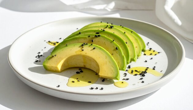 Avocado Slices Topped with Black Sesame Seeds on Plate